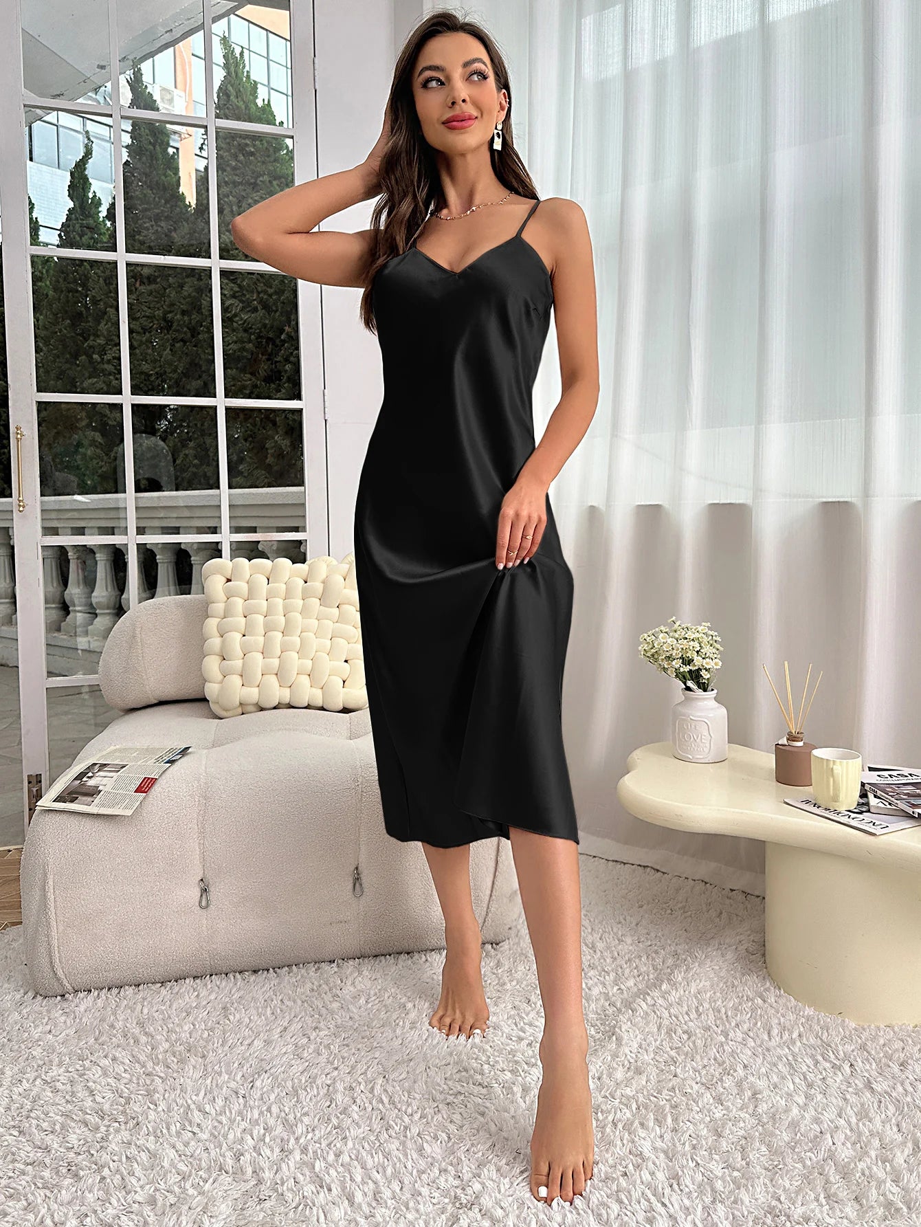 Spaghetti Strap V-Neck Nightdress — Mid-Calf Slip Nightgown | Women's Sleepwear