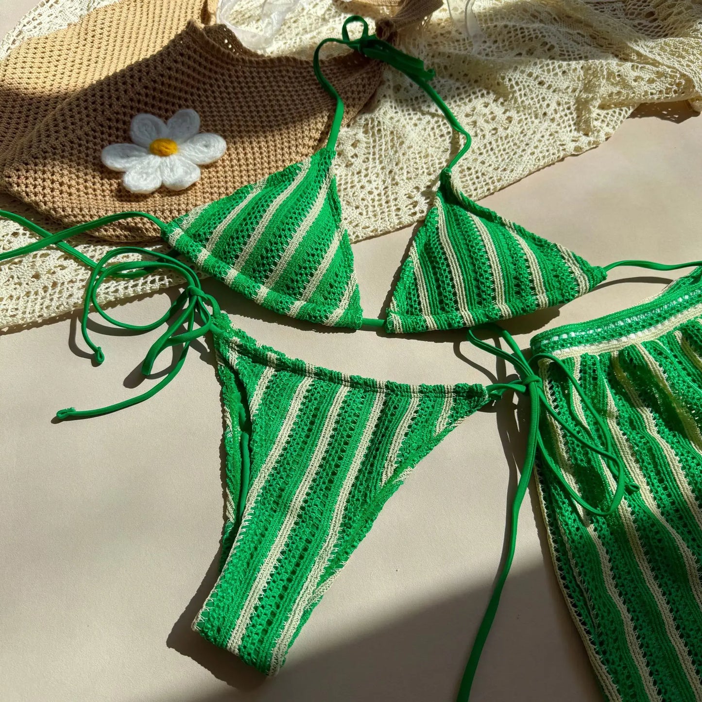 Striped Halter Triangle Bikini Set — 3-Piece with Mini Skirt Cover-Up | Women's Swimwear