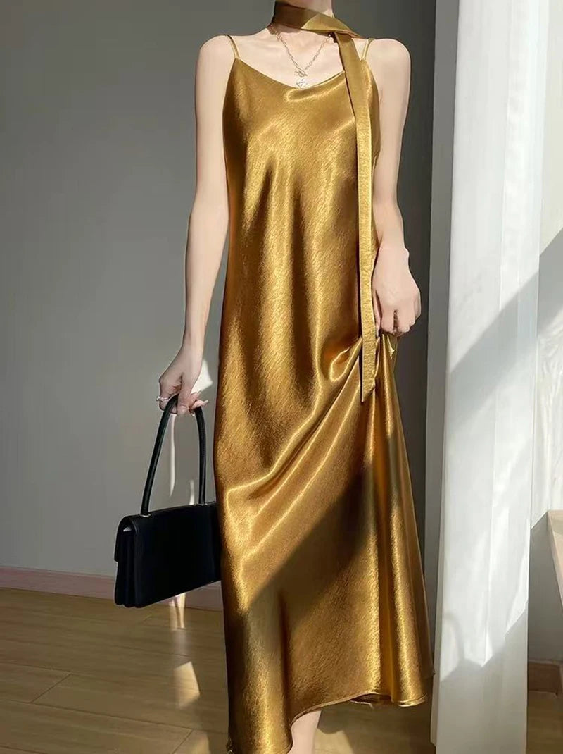 French Elegant Satin Camis Dress Women Summer Loose with Ribbon Midi Dress Female Fashion Aesthetic Party Evening Slip Dress