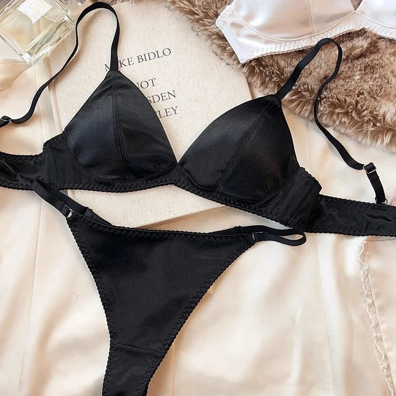 Women's Silken Triangle Bra & Thong Set – Wire-Free French Bralette Lingerie (S–XL)