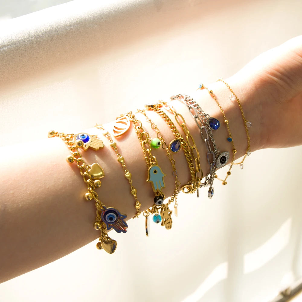 Evil Eye Bracelet – 18K Gold-Plated Stainless Steel Boho Charm Bracelet for Women