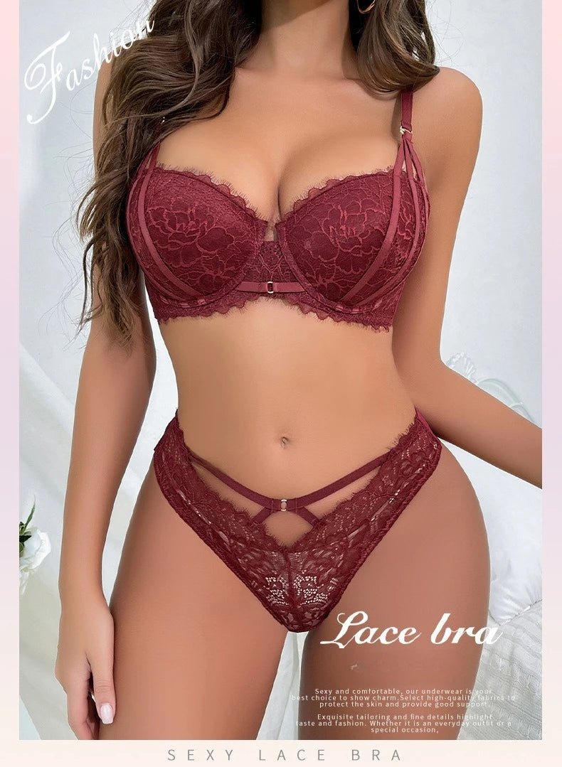 Floral Embroidery Push-Up Bra & Panty Set – Underwire, ¾ Cup, Hollow Design | Women's Lingerie