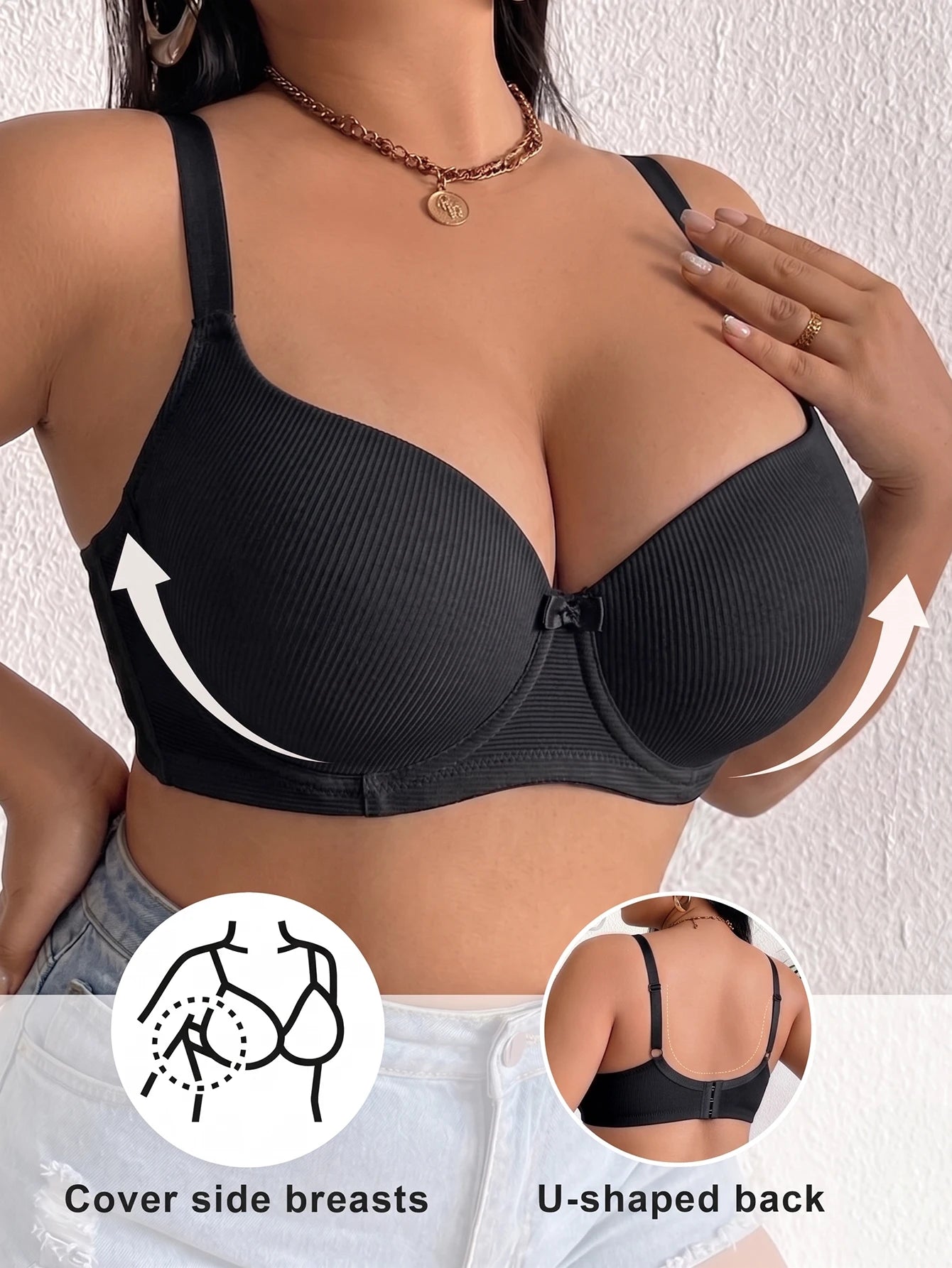 Plus Size Ribbed Push-Up Bra — Wide Strap Underwire Side Gather | Women's Bra