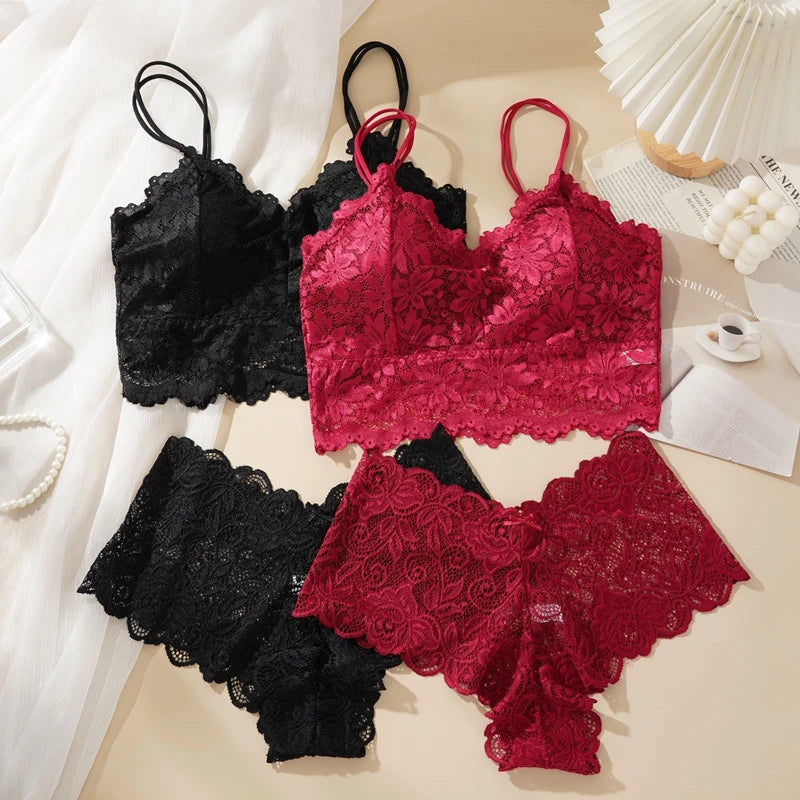 Floral Lace Longline Bralette & Boyshort Set — Wire-Free Padded | Women's Lingerie