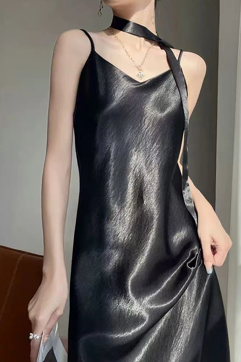French Elegant Satin Camis Dress Women Summer Loose with Ribbon Midi Dress Female Fashion Aesthetic Party Evening Slip Dress