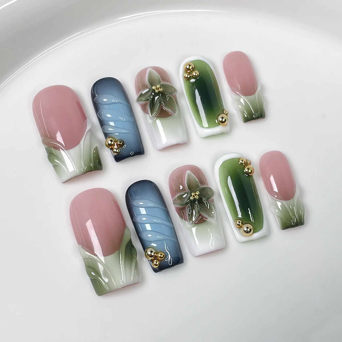 10Pcs 3D Green Flower Handmade Press on Nails French Fake Nails Wearable Stick-on Nails False Nail Uñas Накладные Ногти 네일팁