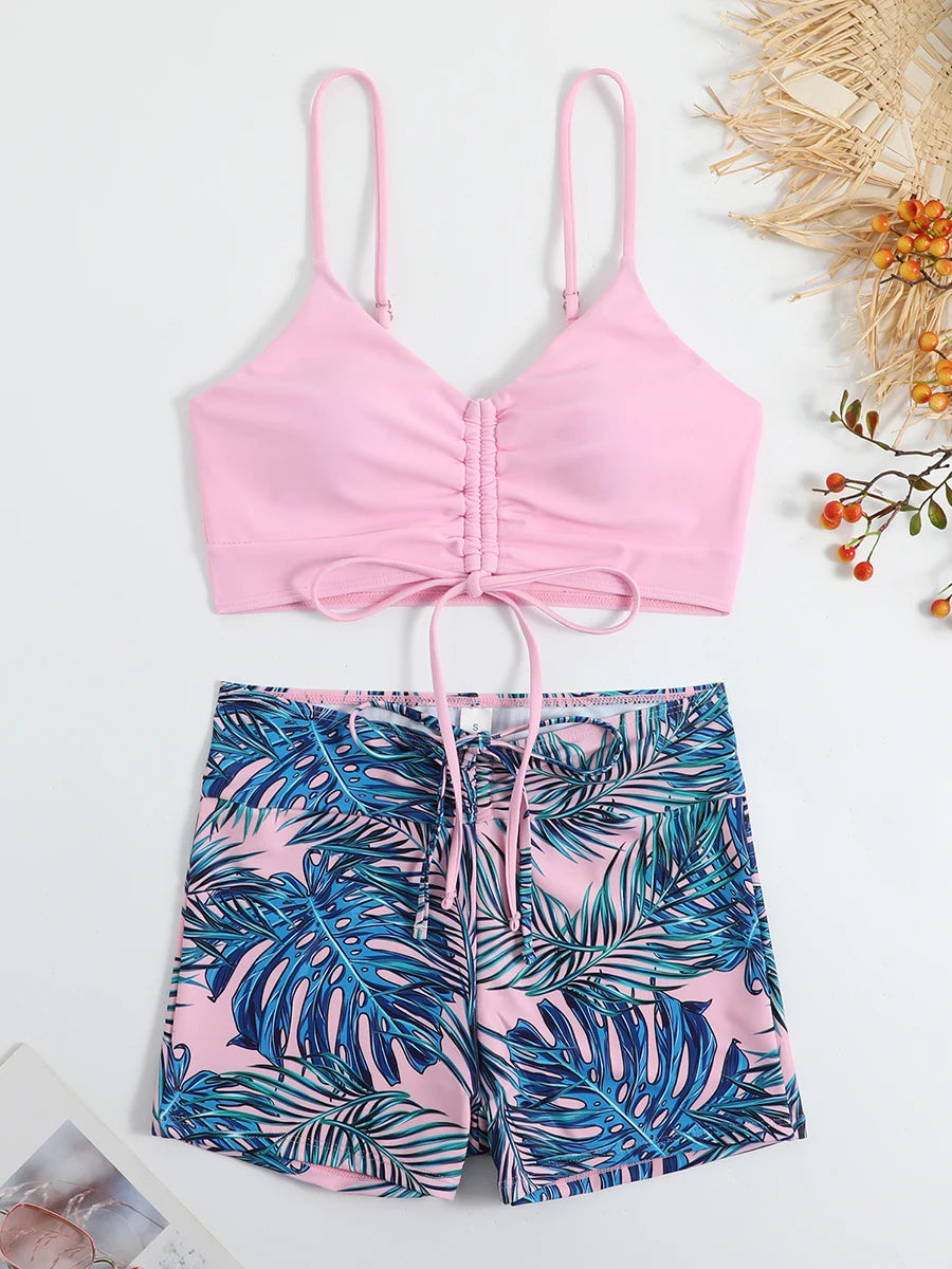 High Waist Shorts Bikini Set — Drawstring Top & Swim Shorts | Women's Swimwear