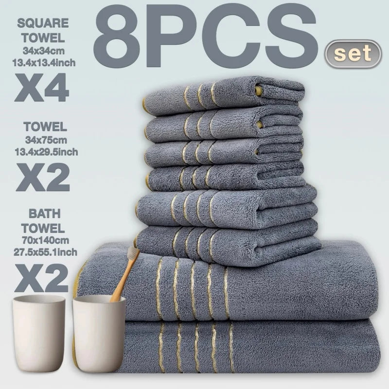 Golden Striped Coral Fleece Bath Towel Set – Ultra-Soft, Quick-Dry, Machine Washable (2, 3, 6 or 8 Pcs)