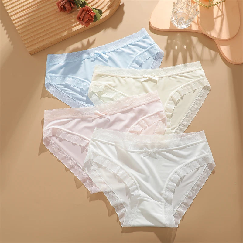 4Pcs Ice Silk Lace Panties Seamless Soild Underwear For Women Sexy Ultra-thin Breathable Briefs Girls Soft Transparent Lingerie