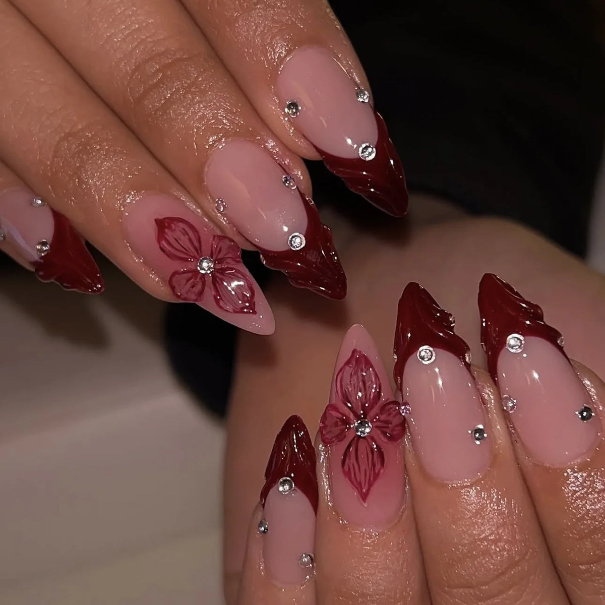 Almond Press-On Nails - 3D Floral, Butterfly & French Tip, 24 Pieces