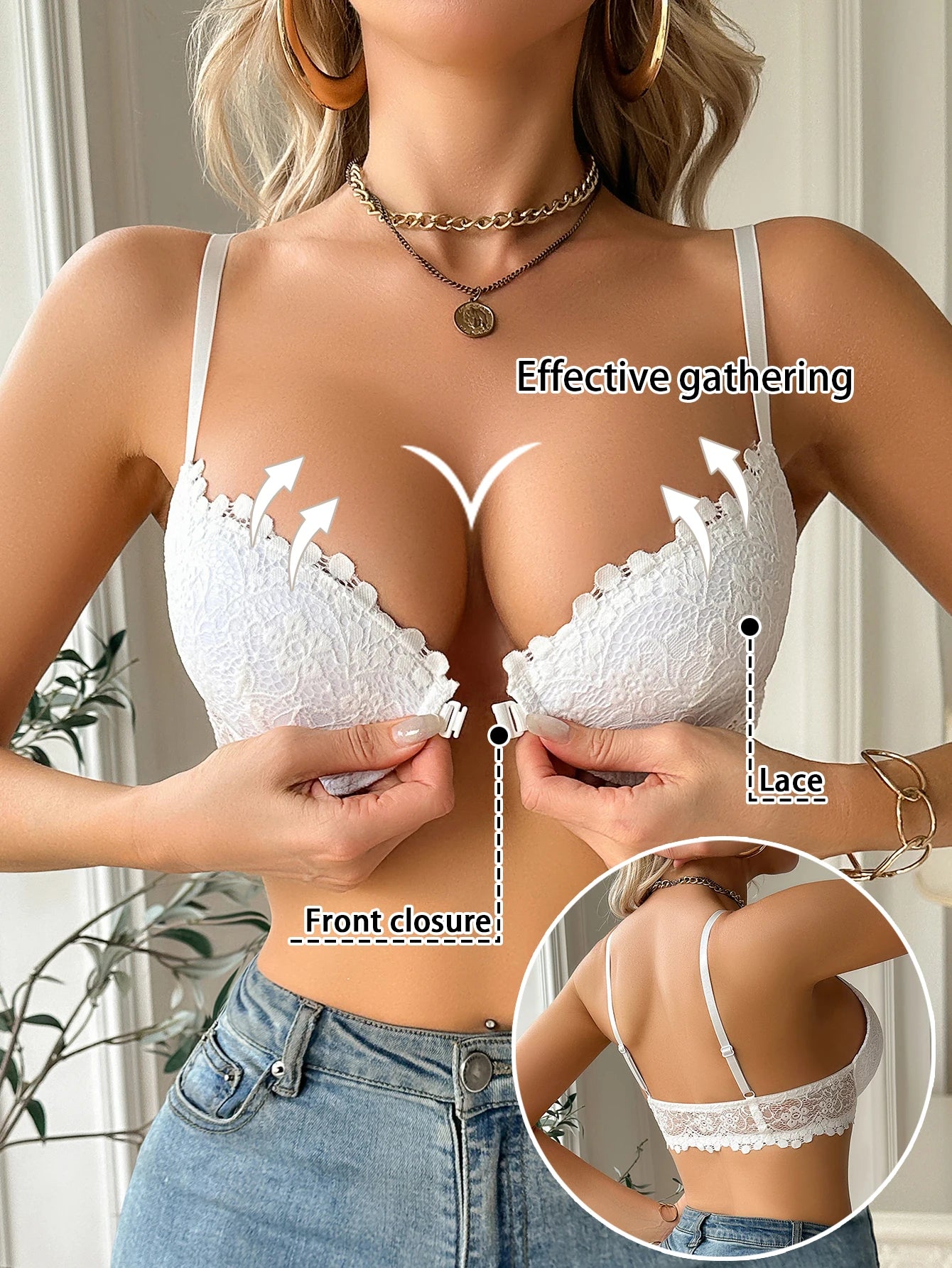 Floral Lace Front-Closure Push-Up Bra — Underwire Gathering | Women's Bra