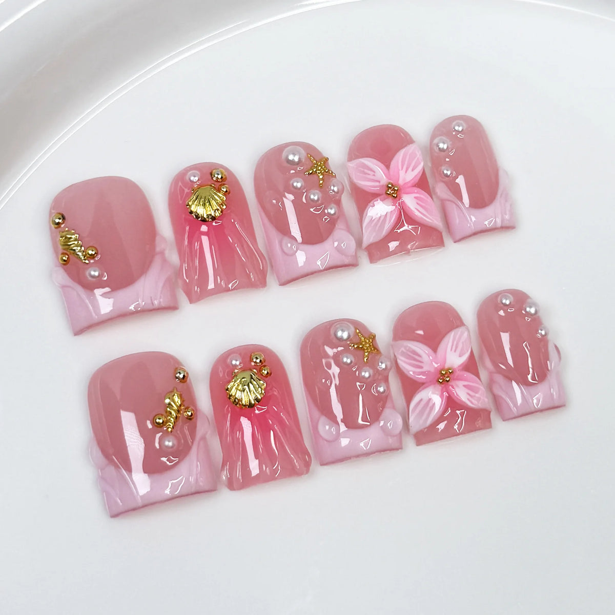 Handmade Duck Tip Press-On Nails - Ocean-Inspired 3D Floral, 10 Pieces