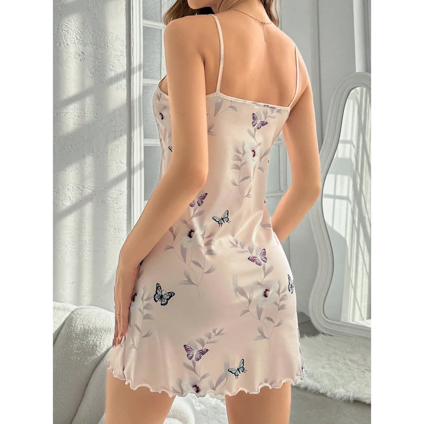 Butterfly Print Satin Sleep Dress — Spaghetti Strap Mini Nightgown