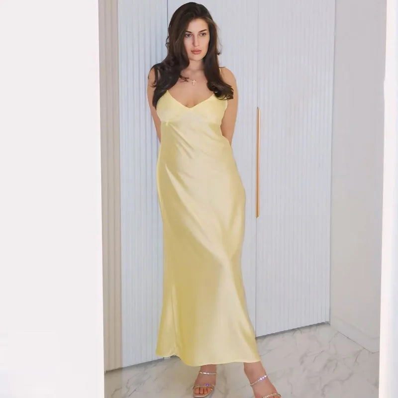 HXAO Womens Yellow Slip Dress Summer 2025 Woman Satin V-Neck Party Dresses Elegant Evening Sleeveless Backless Long Vestidos 066