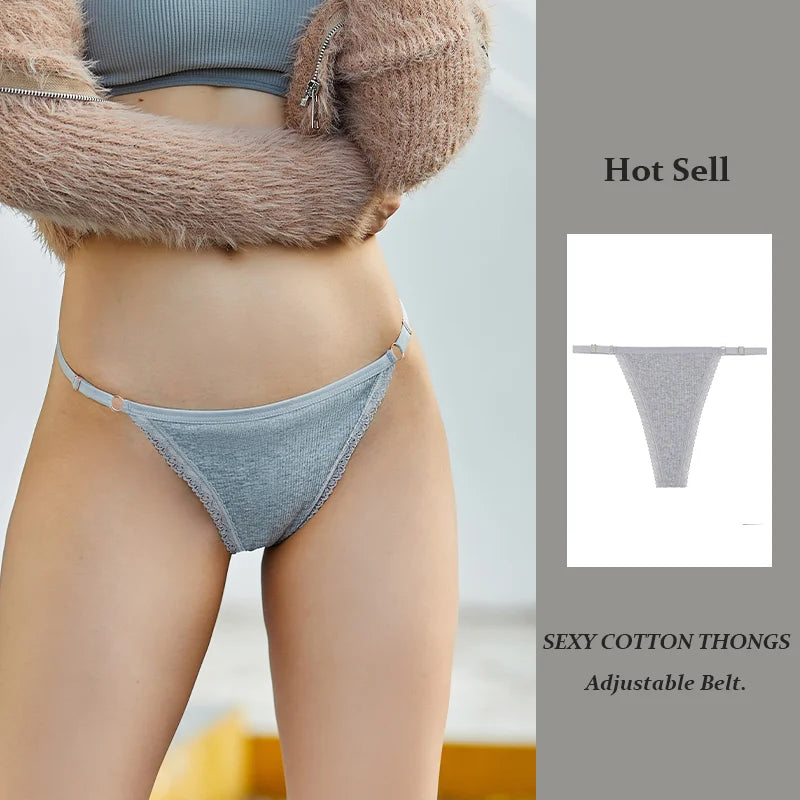 Ice Silk Cotton Thong with Adjustable Belt – Seamless Low-Rise Underwear for Women (S–XL, 8 Colors)