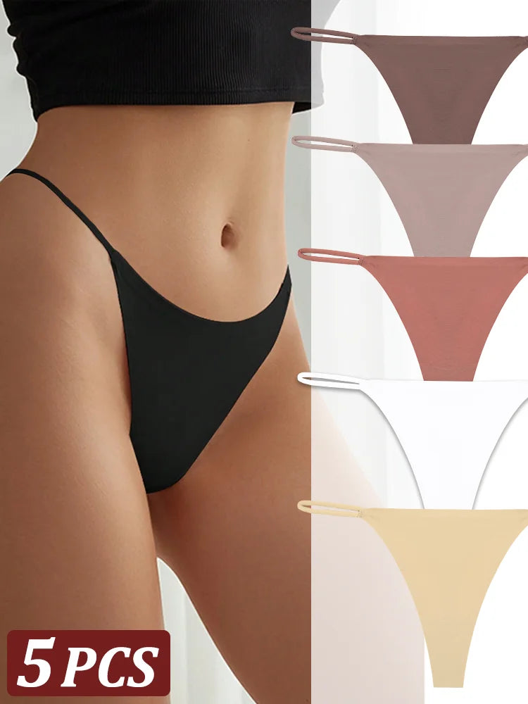 5-Pack Seamless Thong Underwear – Low-Rise Ice Silk G-String Panties for Women (XS–XL, 24 Color Sets)