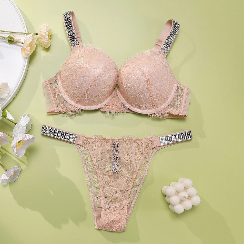 Women's Soft Gathered Padded Lace Trim Bra & Panty Set – Breathable Seamless Lingerie