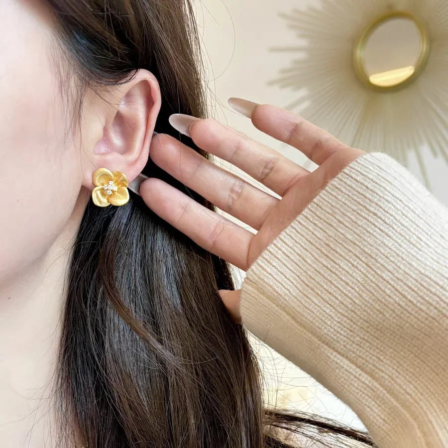 Fairy Flower Stud Earrings – 18K Gold-Plated Stainless Steel for Women