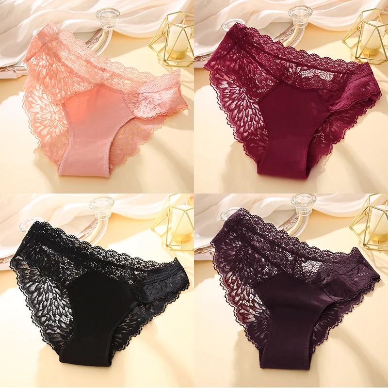 Women's Lace Back Briefs – 4-Piece Set | Sexy Hollow Out Cotton Underwear (S–XL)