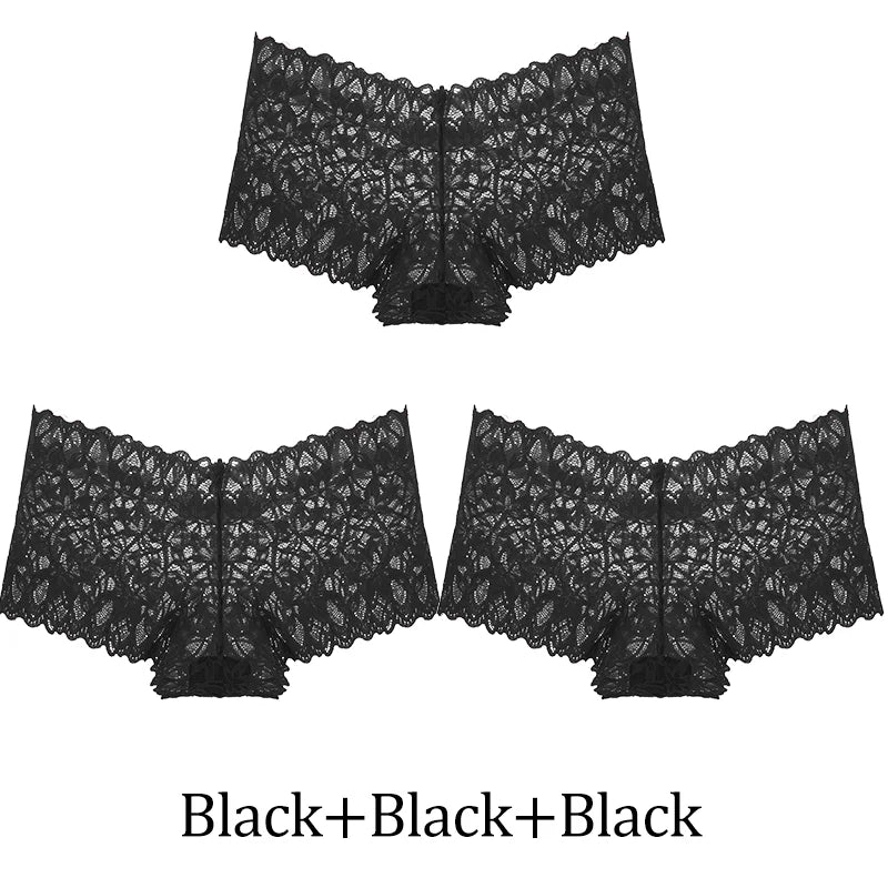 3-Pack Lace Boyshort Panties – Low-Rise Floral Underwear for Women (S–XL, 14 Color Sets)