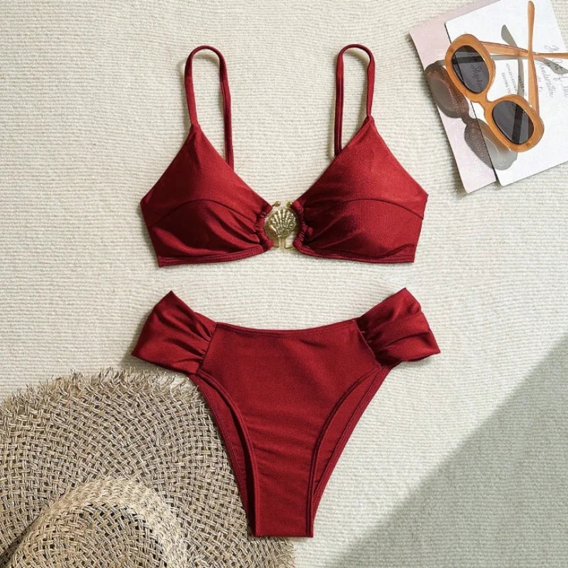 Pleated High-Waist Bikini Set — Metal Shell Buckle Push-Up | Women's Swimwear