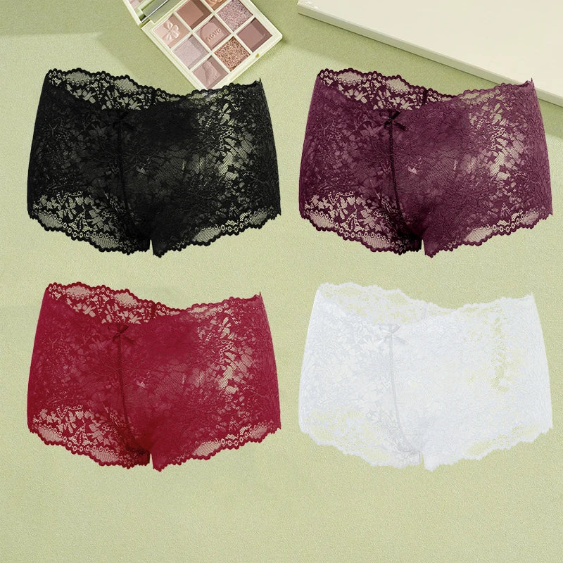 4-Pack Hollow Lace Boyshort Panties – Low-Rise Breathable Underwear for Women (S–2XL, 13 Color Sets)