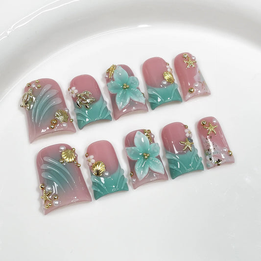 Handmade Duck Tip Press-On Nails - Ocean-Inspired 3D Floral, 10 Pieces