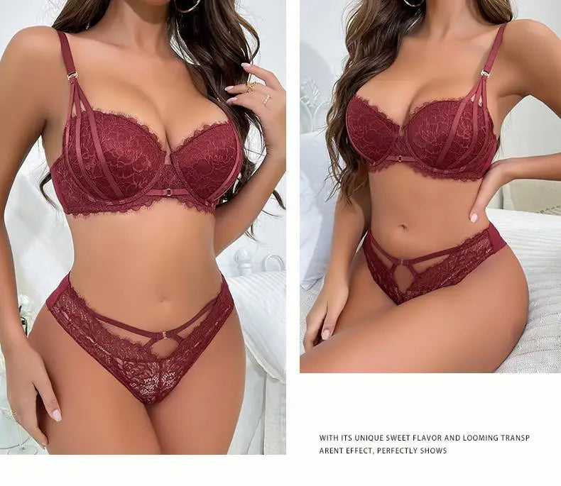 Floral Embroidery Push-Up Bra & Panty Set – Underwire, ¾ Cup, Hollow Design | Women's Lingerie