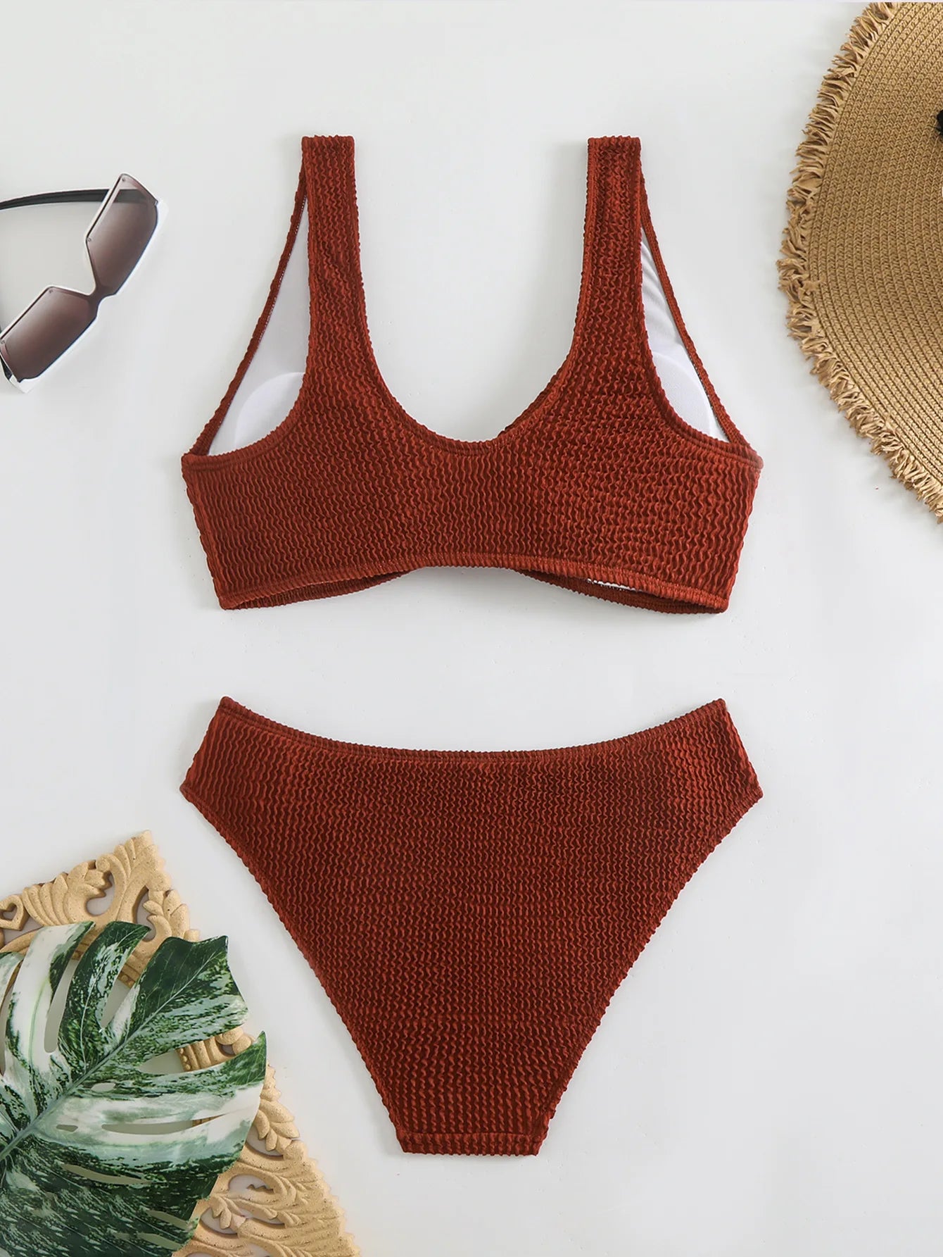 Solid Color High Waist Bikini Set — V-Neck Textured Top & Cheeky Bottoms | Women's Swimwear