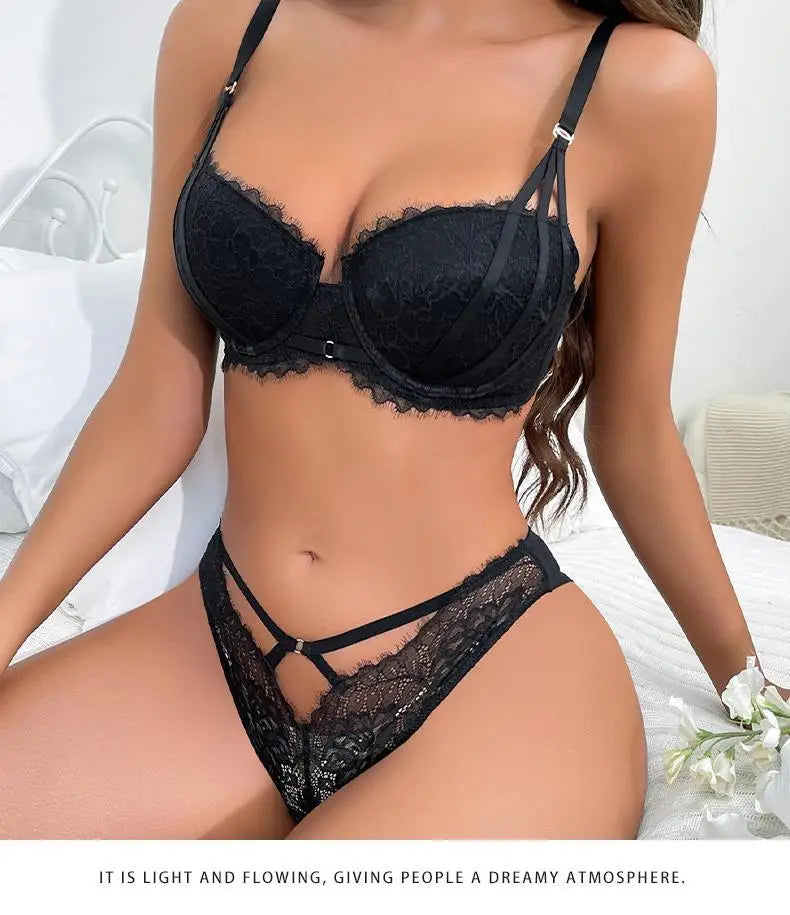 Floral Embroidery Push-Up Bra & Panty Set – Underwire, ¾ Cup, Hollow Design | Women's Lingerie