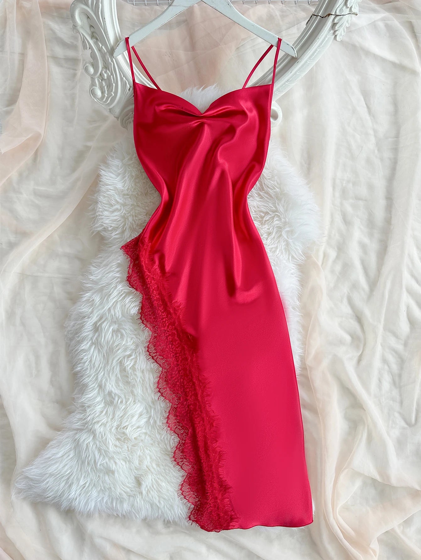 Lace Trim Satin Midi Nightgown — Cowl Neck Spaghetti Strap | Women's Elegant Sleepwear