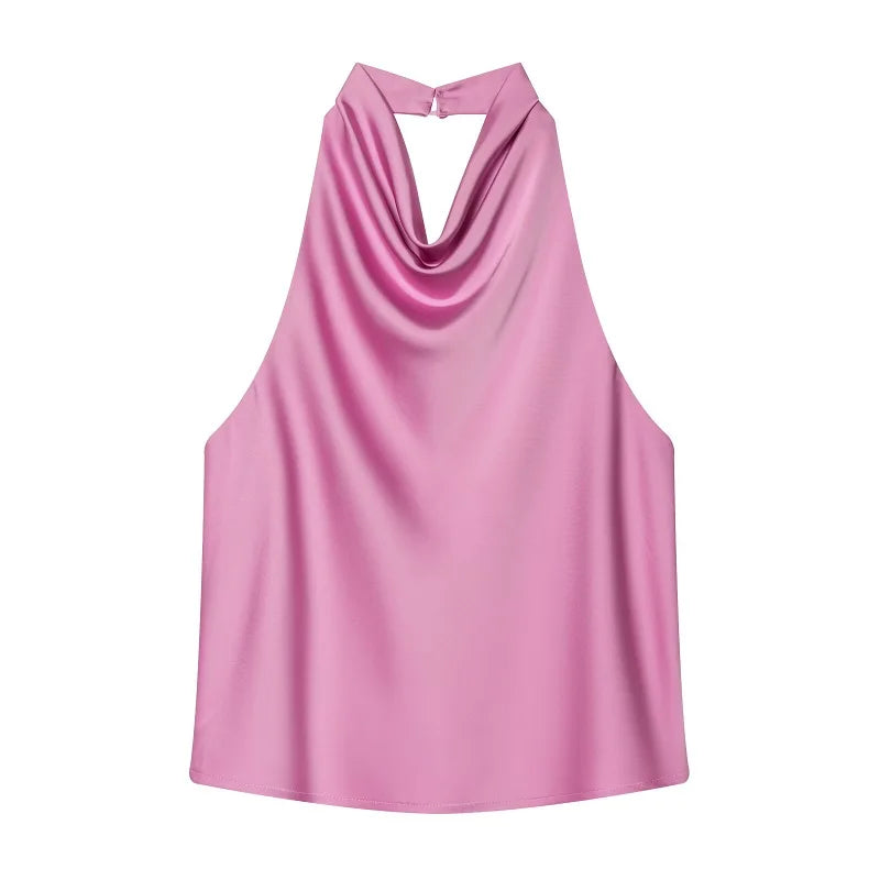 Satin Halter Cowl-Neck Backless Top — Women's Camisole