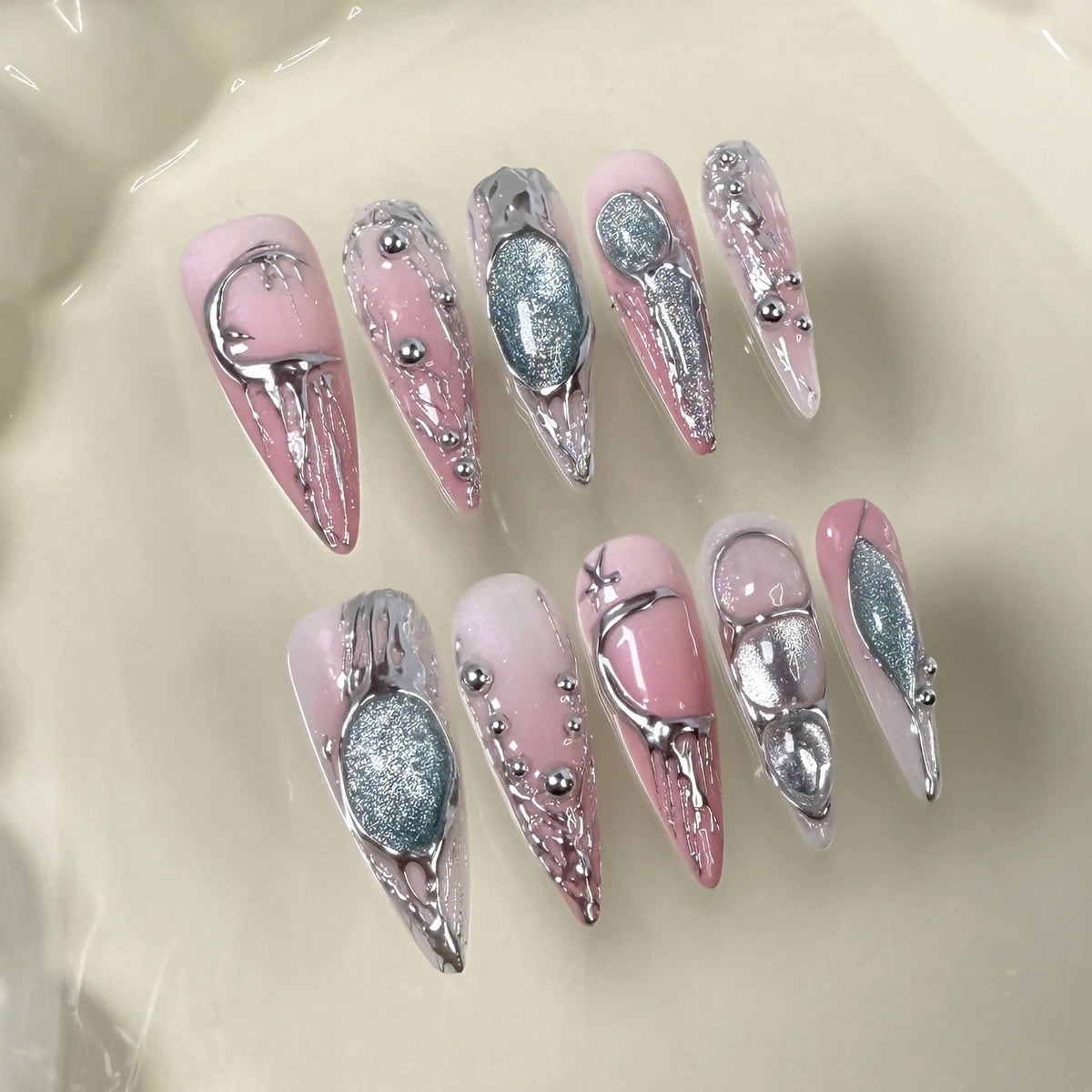 Long Stiletto Press-On Nails – Blue & Pink Cat-Eye with Silver Stripes, 10 Pieces