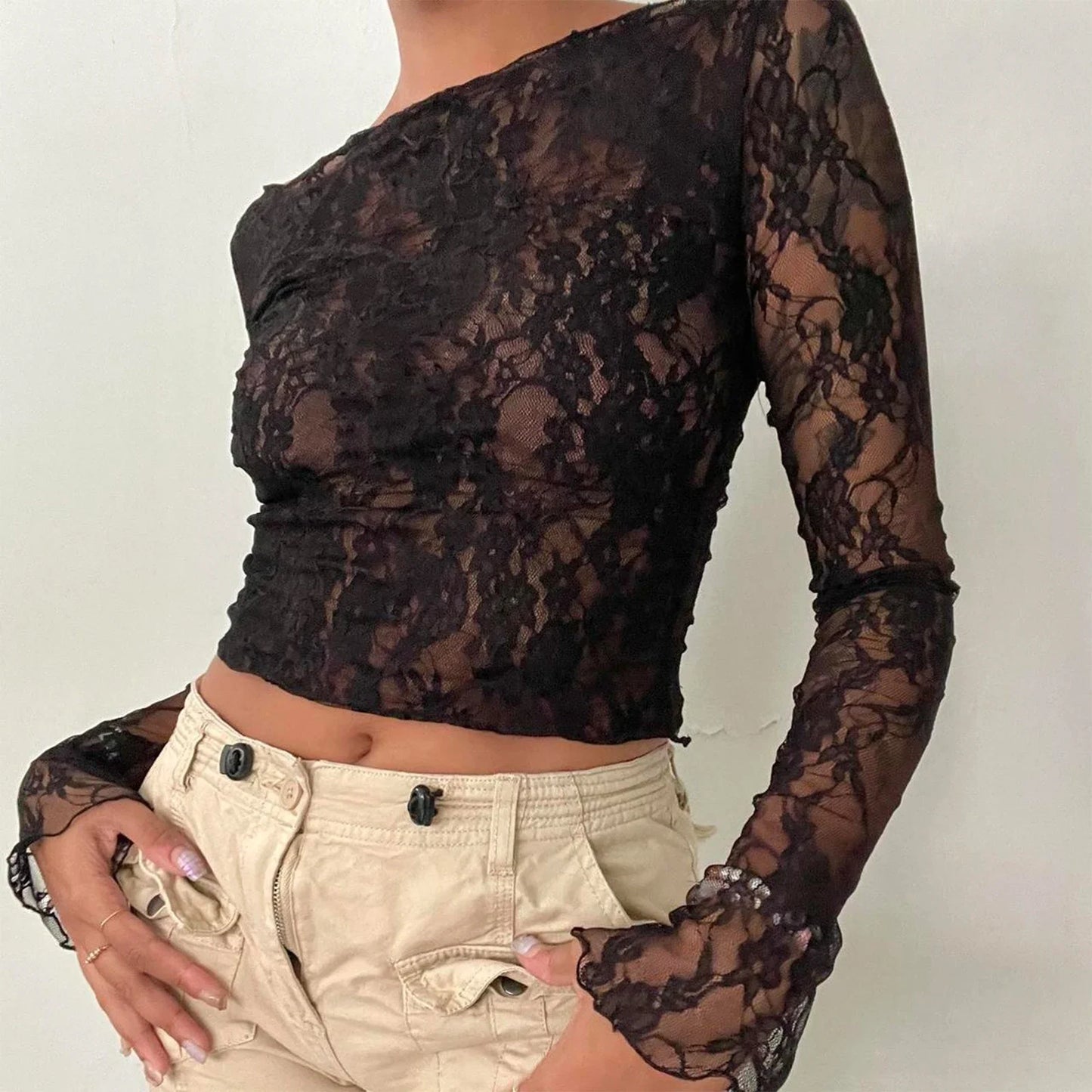 Sexy Women Lace Mesh Sheer Crop Tops Long Sleeve See Through T Shirt Going Out Tops Slim Fit Cover Up Blouse Top