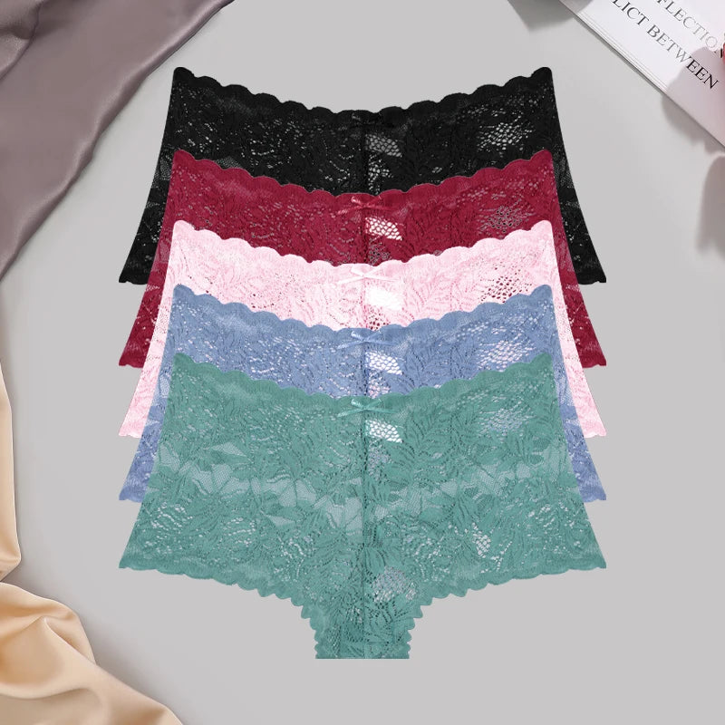 5-Pack Lace Floral Boyshorts — Low-Rise Hollow Out Panties
