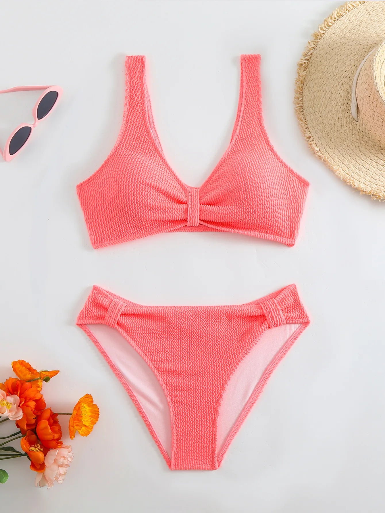 Solid Color High Waist Bikini Set — V-Neck Textured Top & Cheeky Bottoms | Women's Swimwear