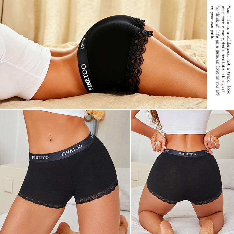 Cotton High-Waist Lace Boyshort – Breathable Letter-Band Sport Briefs for Women (S–2XL, 6 Colors)