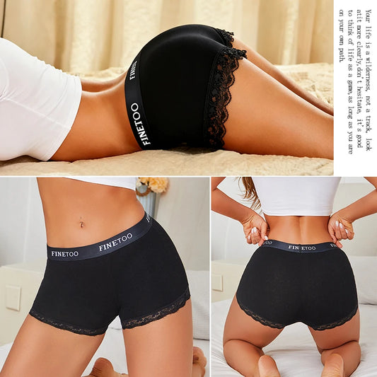 Cotton High-Waist Lace Boyshort – Breathable Letter-Band Sport Briefs for Women (S–2XL, 6 Colors)