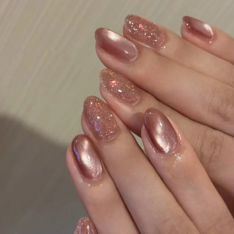 Short Almond Cat Eye Press-On Nails - Glossy Glitter, 24 Pieces