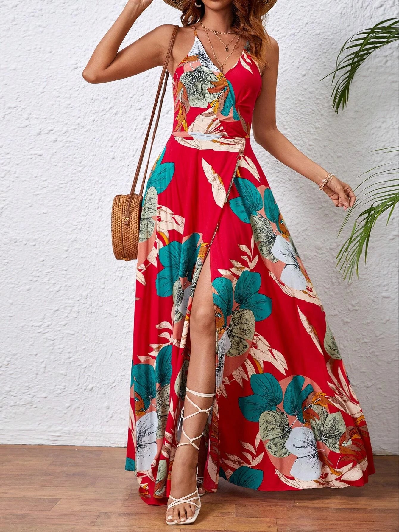 Tropical Print Thigh-High Slit Backless Spaghetti Strap Dress 1056