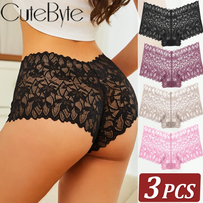 3-Pack Lace Boyshort Panties – Low-Rise Floral Underwear for Women (S–XL, 14 Color Sets)