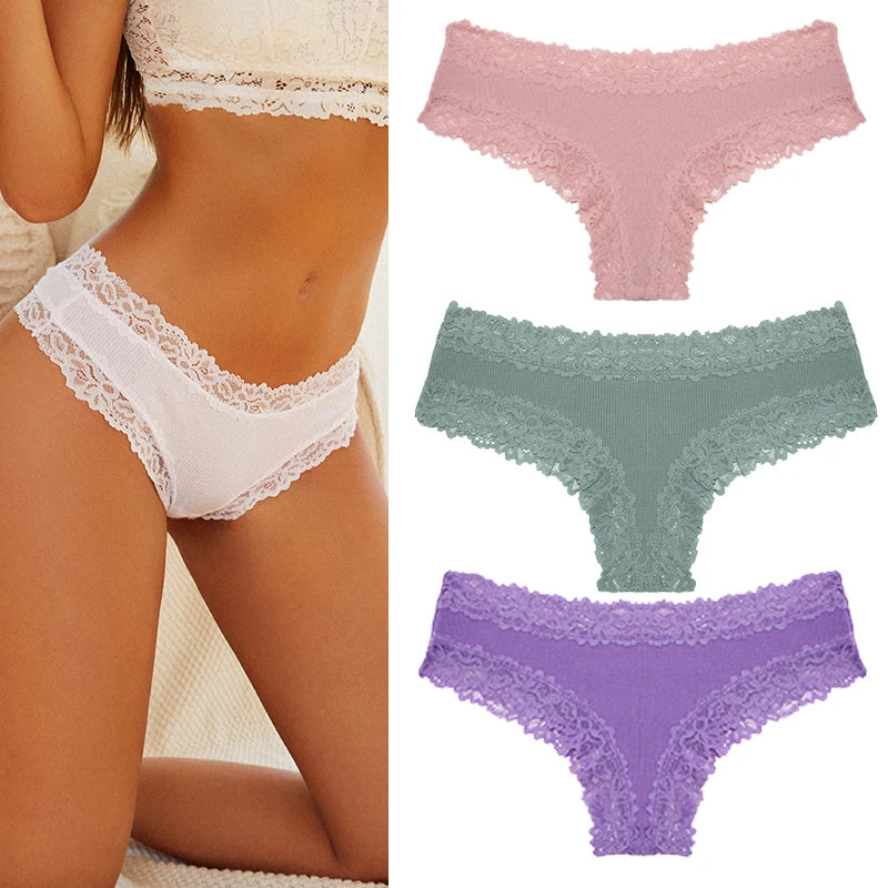Women's Cotton Lace Briefs – 3-Piece Set | Soft Low-Rise Stretch Underwear (S–XL)