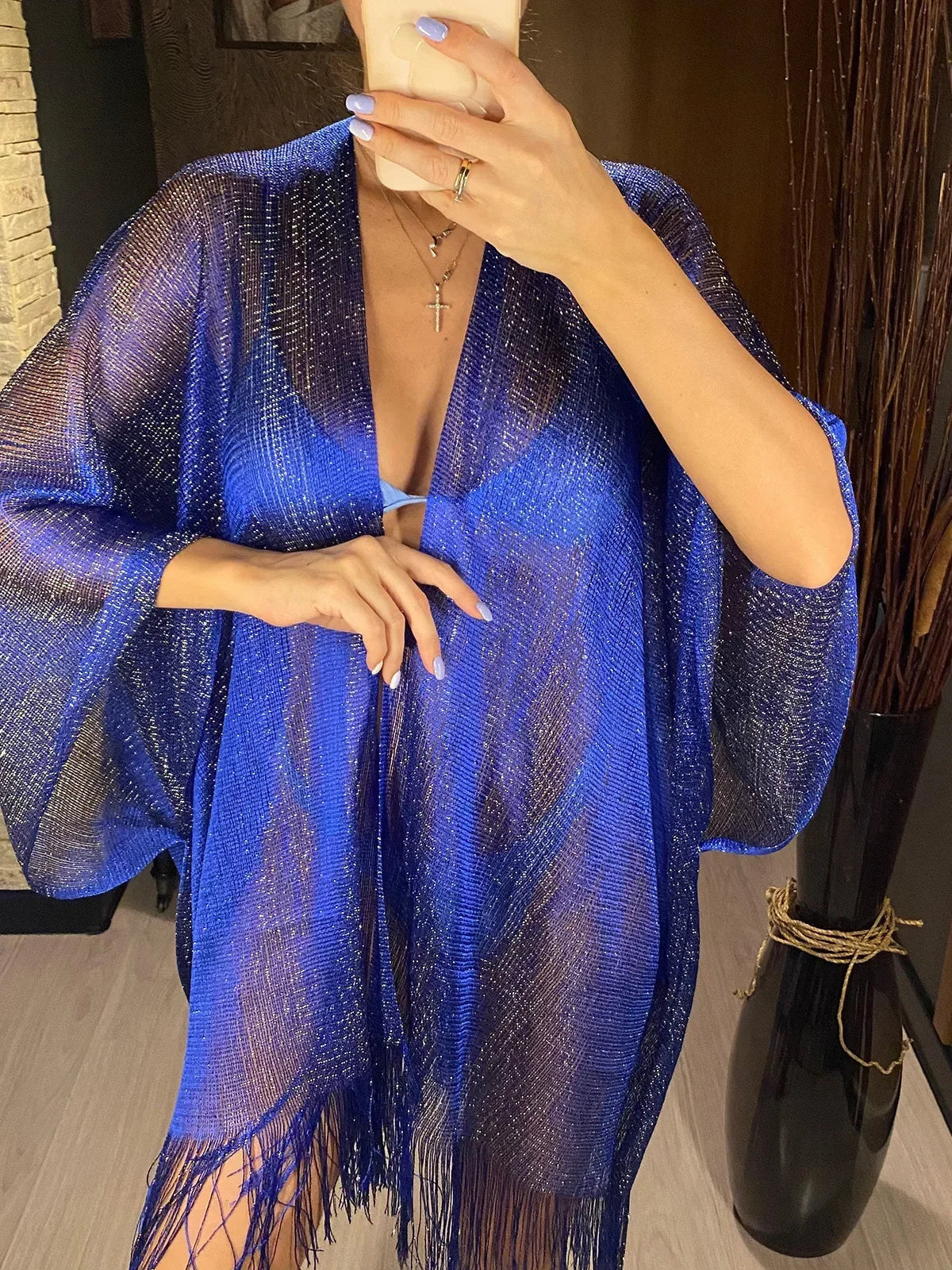 Metallic Tassel Trim Beach Cover-Up — Sheer Kimono | Women's Swimwear