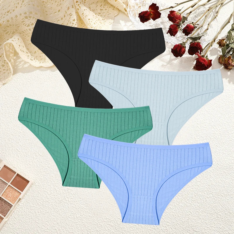 FINETOO 4Pcs Sexy Cotton Panties for Women Underwear Striped Panty Female Soft Lingeries Briefs Pantys Girl Underpant Intimates