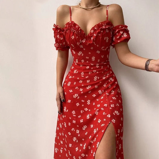 Floral Off-Shoulder Midi Dress – Short Sleeve Backless Split Slim Fit