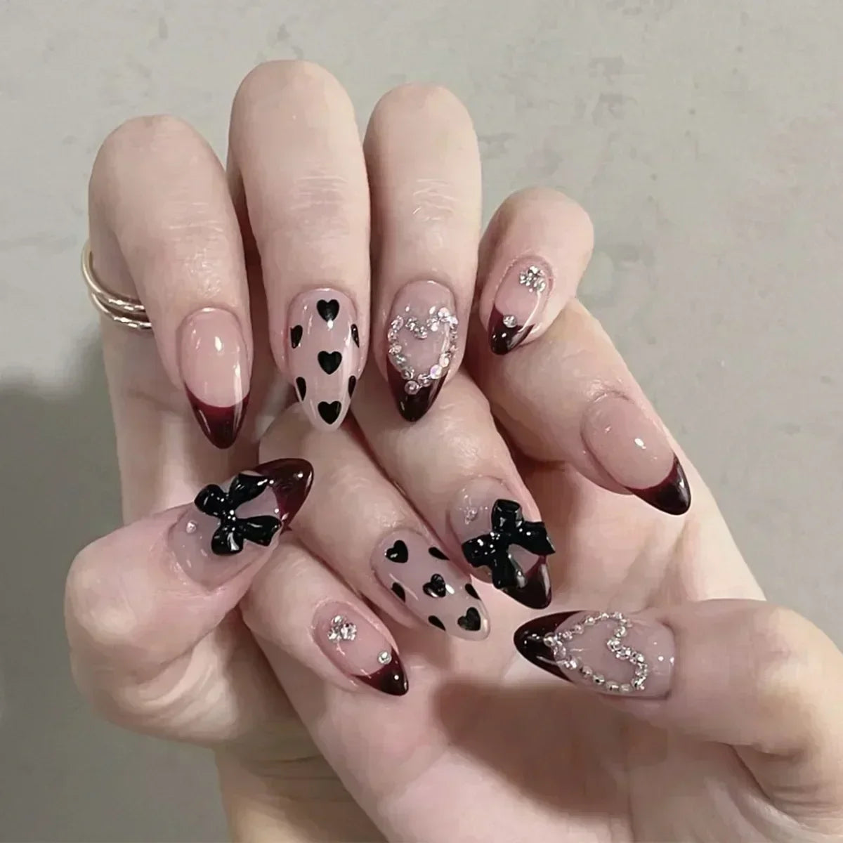 French Almond Press-On Nails – Leopard Print & 3D Bow Designs, 24 Pieces