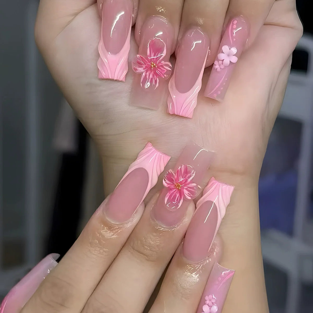 Medium Square Press-On Nails with Adhesive - Blush Pink Floral & French, 24 Pieces