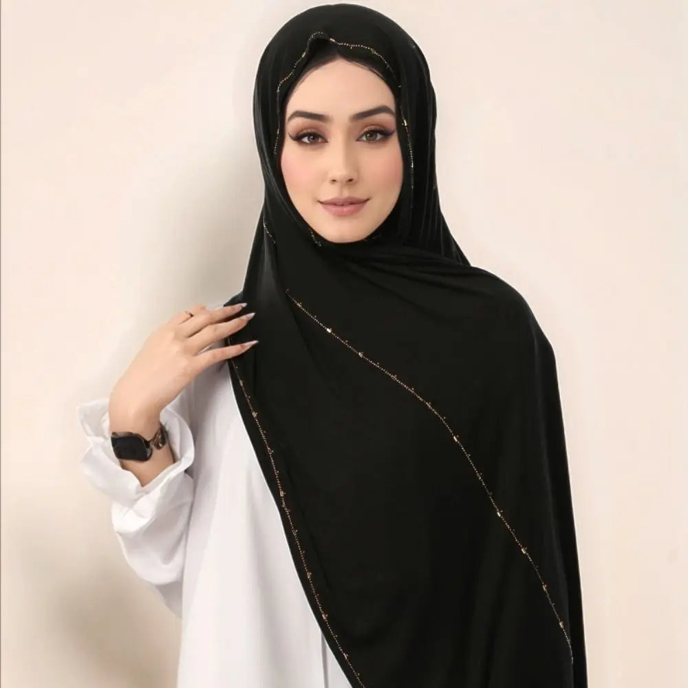 New Breathable Rhinestone Hijab Scarf Soft Glitter Shimmer Edge Headband Turban Solid Color Headscarf For Women