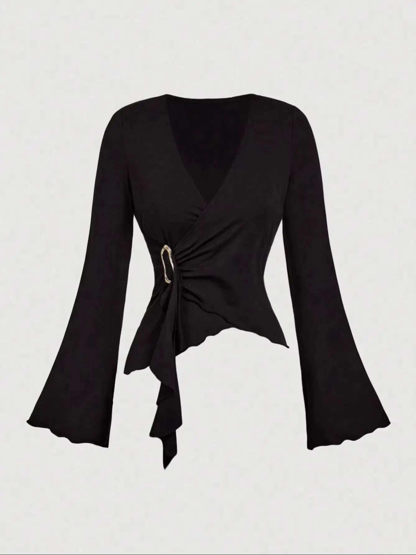 Women's Solid Color Cross Wrap Flare Sleeve Cinched Waist Asymmetrical Hem Ruffle T-Shirta