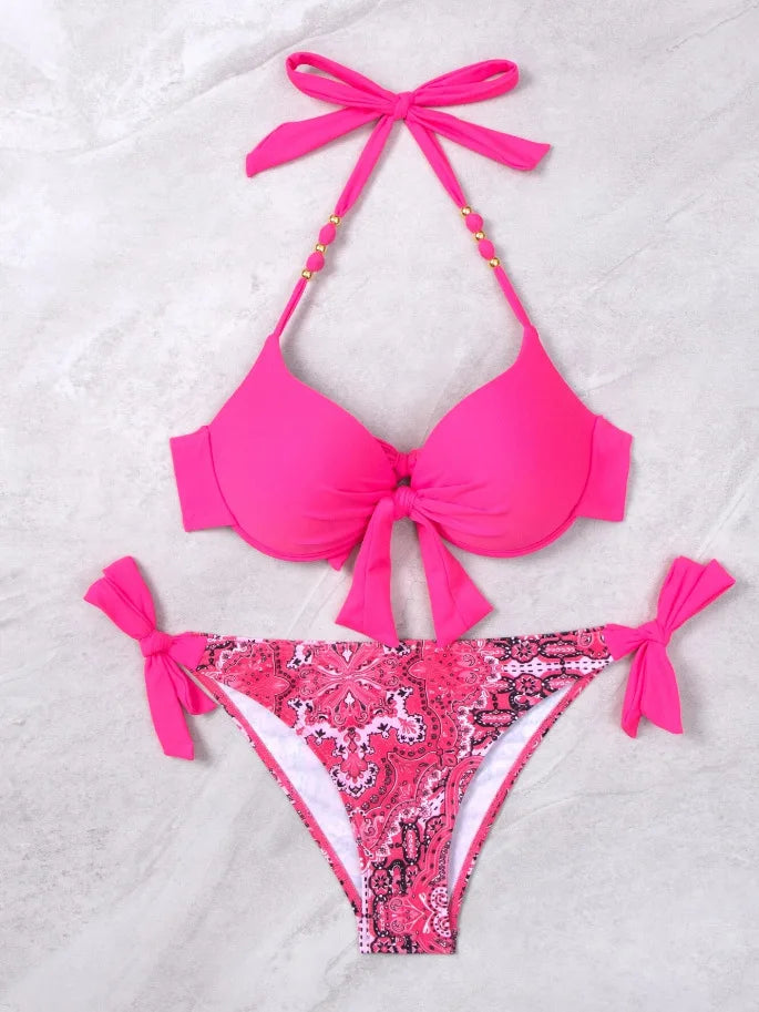 Push-Up Halter Bikini Set — Bow-Tie Top & Printed Side-Tie Bottoms | Women's Swimwear